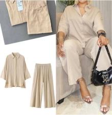 Solid Color Lapel Shirt Loose Two Piece Pants Set GADE-9586