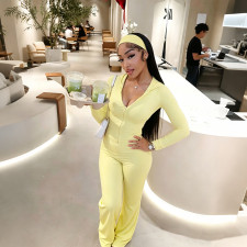 Solid Color Zipper Top+Hairband+Micro Flare Pants 3 Piece Set GDSF-D26ST396