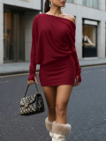 Solid Color Slash Shoulder Mini Dress GSRX-1011