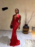 Deep V Neck Ruched Evening Dress GADE-11679