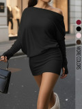 Solid Color Slash Shoulder Mini Dress GSRX-1011