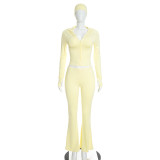 Solid Color Zipper Top+Hairband+Micro Flare Pants 3 Piece Set GDSF-D26ST396