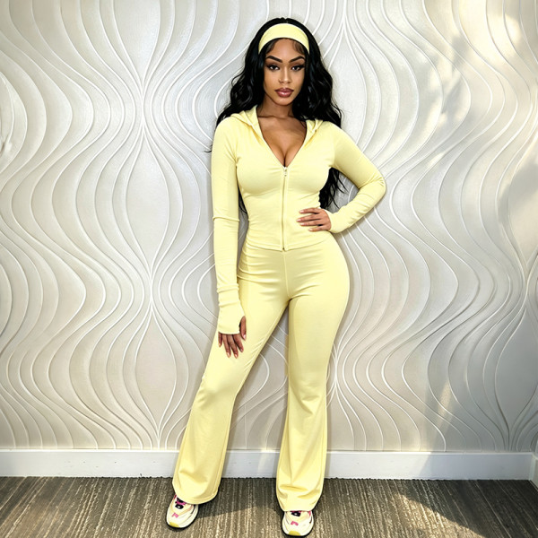 Solid Color Zipper Top+Hairband+Micro Flare Pants 3 Piece Set GDSF-D26ST396