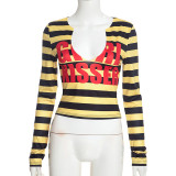 Stripe Letter Printed V Neck Tops GDSF-J26TP461