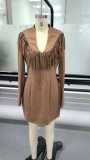 Retro V-neck Long Sleeve Tassel Zip-up Dress GMYS-WL8523