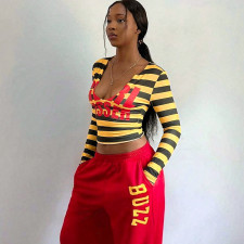 Stripe Letter Printed V Neck Tops GDSF-J26TP461