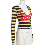 Stripe Letter Printed V Neck Tops GDSF-J26TP461