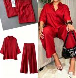 Solid Color Lapel Shirt Loose Two Piece Pants Set GADE-9586