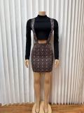 Solid Color Long Sleeve Crop Top Printed Sling Skirt 2 Piece Set GADE-9409