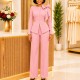 Plus Size Bow Long Sleeve Shirt Wide Leg Pant Suit GMLF-3391