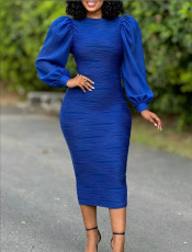 Solid Color Puff Sleeve Midi Dress GQLK-6699