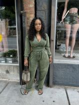 Solid Color Zipper Top Two Piece Pants Set TR-1375