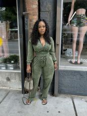 Solid Color Zipper Top Two Piece Pants Set TR-1375