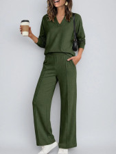 Solid Color V Neck Top Two Piece Pants Set GMYS-XY6060