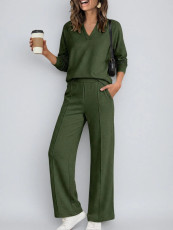 Solid Color V Neck Top Two Piece Pants Set GMYS-XY6060