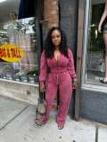 Solid Color Zipper Top Two Piece Pants Set TR-1375