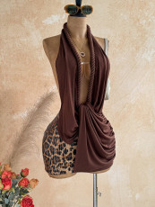 Leopard Sequin Patchwork Backless Knits Mini Dress GZIY-6552
