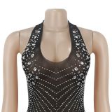 Deep V Neck Halterneck Hot Drill Mini Dress BY-7866