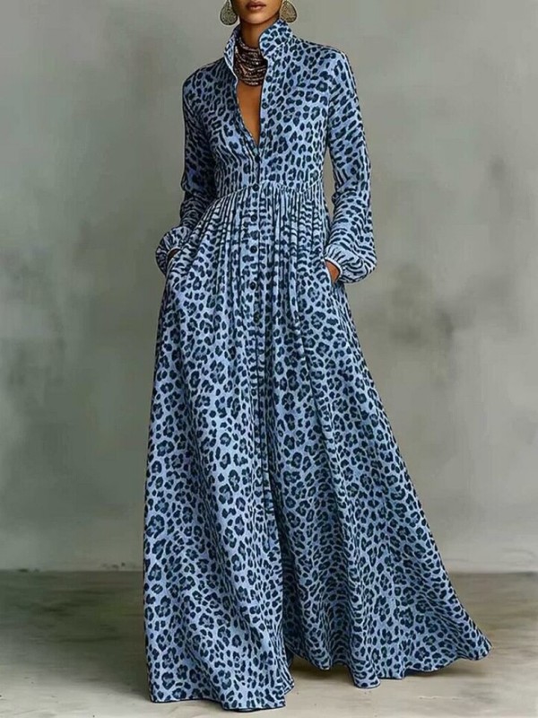 Plus Size Leopard Printed Long Sleeve Maxi Dress GQLK-6697
