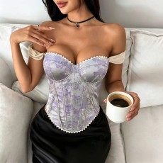 Off Shoulder Printed Lace Up Tank Top GPBY-VE8633