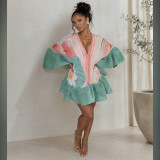 V Neck Ruffles Flare Sleeve Printed MIni Dress YF-11147