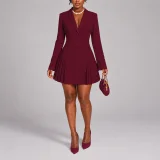 Long Sleeve Ruched Solid Mini Dress HNIF-SY050