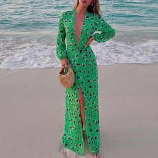 Deep V Neck Printed Long Sleeve Maxi Dress XEF-R6D20911A