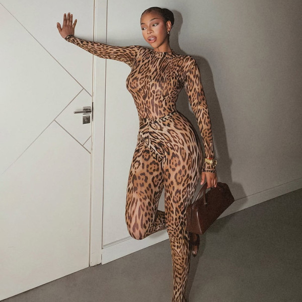 Leopard Printed Long Sleeve Skinny Two Piece Pants Set GZJQ-K6S19713A