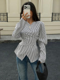 Stripe V Neck Irregular Long Sleeve Top GMYS-WL260708