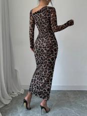 Leopard Printed Long Sleeve Drawstring Maxi Dress GMYS-LWZ8289