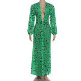 Deep V Neck Printed Long Sleeve Maxi Dress XEF-R6D20911A