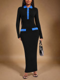 Lapel Long Sleeve Split Maxi Dress HNIF-YY052