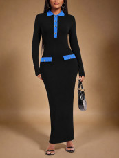 Lapel Long Sleeve Split Maxi Dress HNIF-YY052