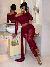 Lace Slash Shoulder Skinny Two Piece Pants Set GHYX-TXY5595