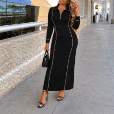 Long Sleeve Zipper Contrast Color Maxi Dress HNIF-TY048