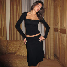 Lace Edge Long Sleeve Two Piece Skirts Set LJSF-S6922474X
