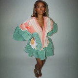 V Neck Ruffles Flare Sleeve Printed MIni Dress YF-11147