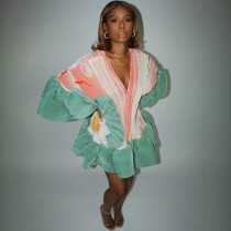 V Neck Ruffles Flare Sleeve Printed MIni Dress YF-11147
