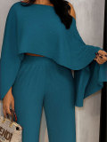 Solid Color Slash Shoulder Tops Two Piece Pants Set HNIF-YM084