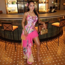 Mesh Printed Irregular Mini Dress DLSF-K6D18552A