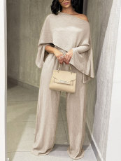 Solid Color Slash Shoulder Tops Two Piece Pants Set HNIF-YM084