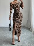 Leopard Printed Long Sleeve Drawstring Maxi Dress GMYS-LWZ8289