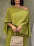 Solid Color Slash Shoulder Tops Two Piece Pants Set HNIF-YM084