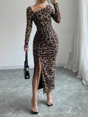 Leopard Printed Long Sleeve Drawstring Maxi Dress GMYS-LWZ8289