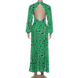 Deep V Neck Printed Long Sleeve Maxi Dress XEF-R6D20911A