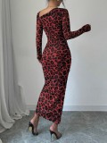 Leopard Printed Long Sleeve Drawstring Maxi Dress GMYS-LWZ8289