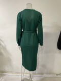 Plus Size V Neck Long Sleeve Tie Up Midi Dress GMYS-LWZ0060