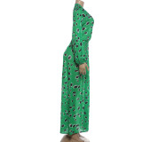 Deep V Neck Printed Long Sleeve Maxi Dress XEF-R6D20911A