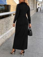 Long Sleeve Zipper Contrast Color Maxi Dress HNIF-TY048