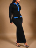 Lapel Long Sleeve Split Maxi Dress HNIF-YY052